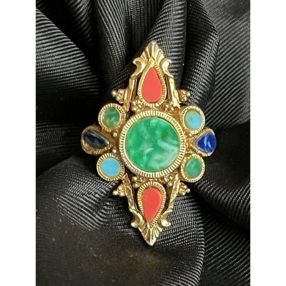 Vintage Mode Art Adjustable Ring Multi Gem Gold Tone Victorian Revival Style - Picture 11 of 12